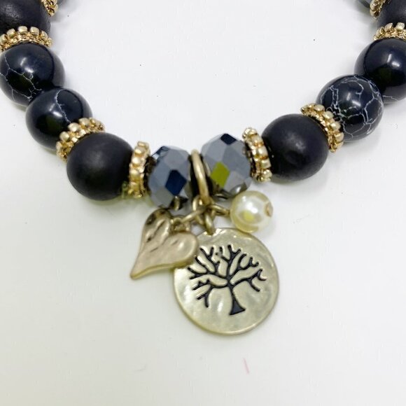 Black Beaded Stretch Bracelet w/Tree, Heart & Pearl Charms - Picture 3 of 4